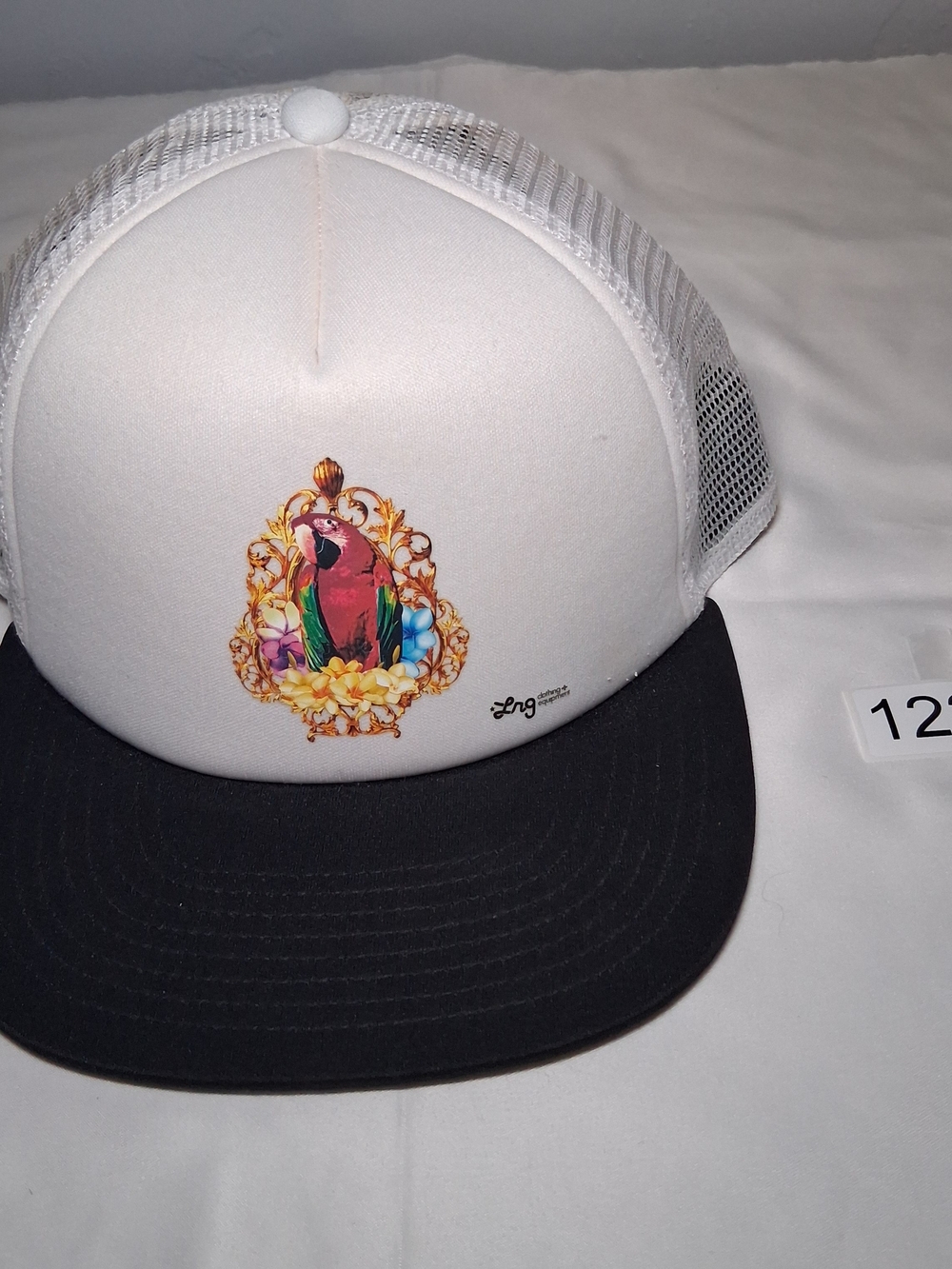 LRG White Mesh Trucker Hat with Parrot Graphic
